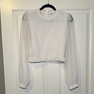 Aritzia White Textured Blouse with Sheer Sleeves